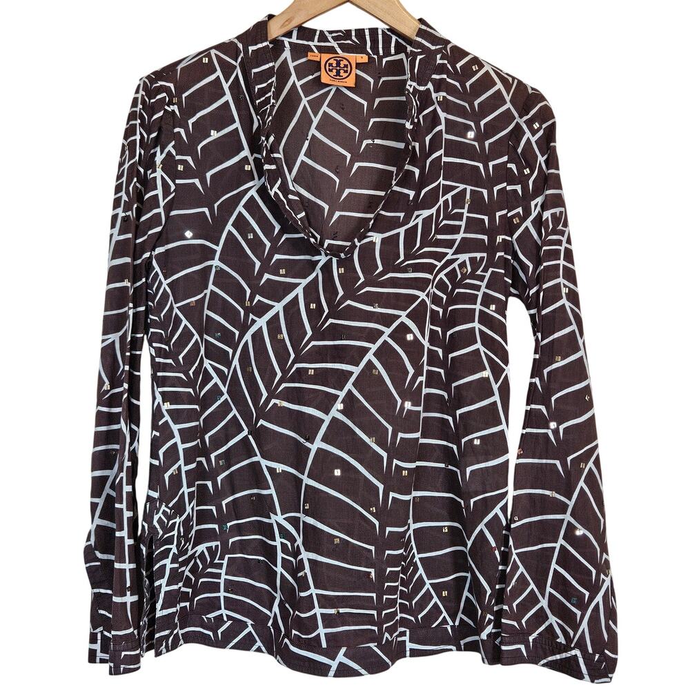 Tory Burch Split Neckline Long Sleeve Top Sequins Women's Size 6 Resort Vacation